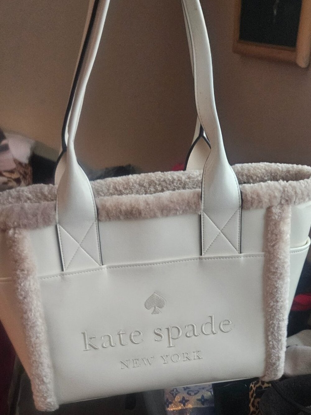 kate spade Cream Leather Tote with Shearling Trim